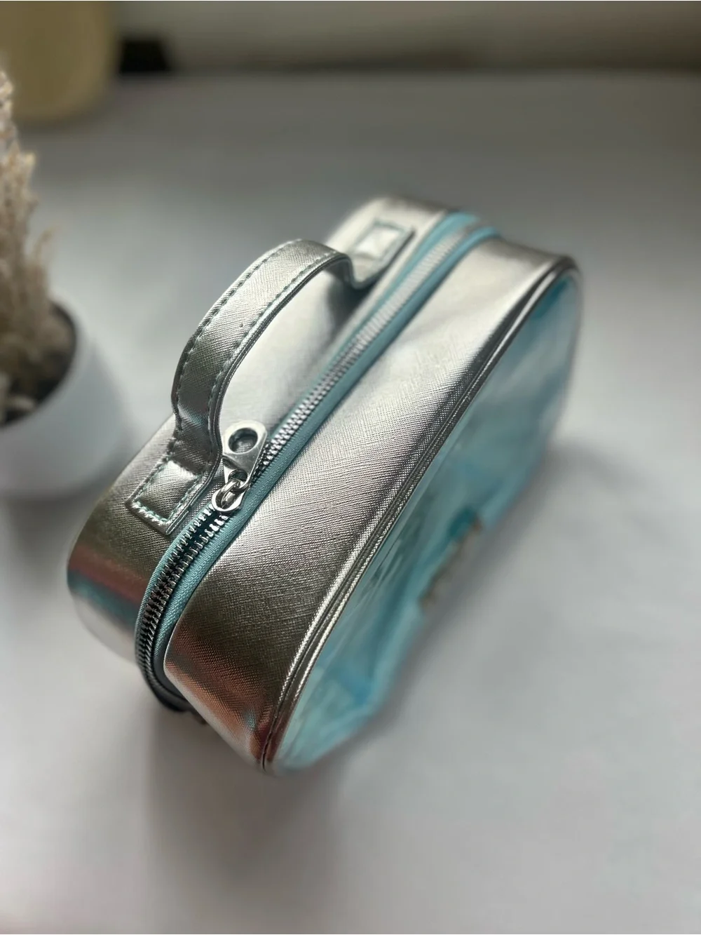 Kate hill Metallic Silver and Light Blue Women's Cosmetic Case